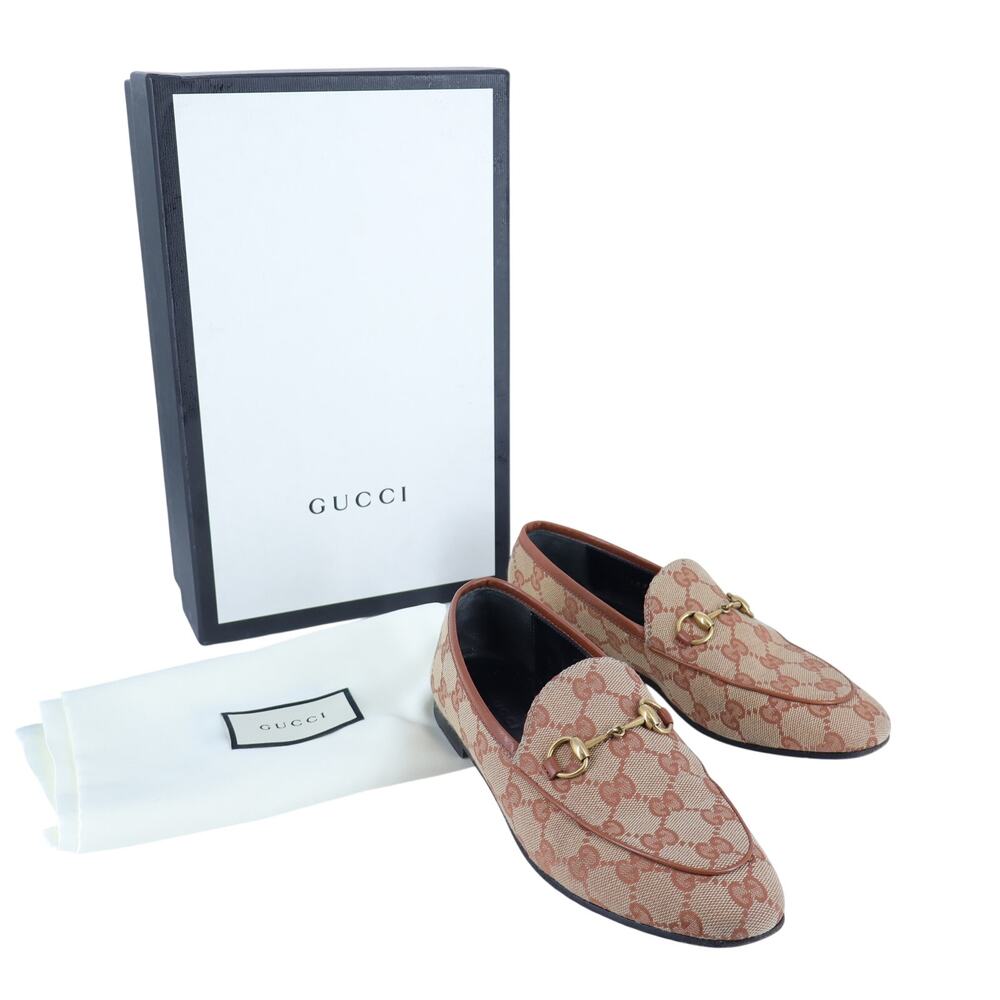 Gucci Jordaan Horsebit Loafers Beige GG Canvas Slip On Women's 35.5/US 5.5